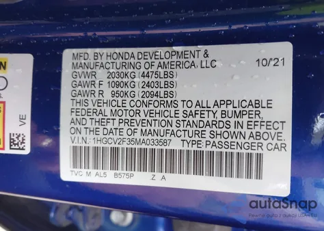 2021 Honda Accord Sport 2.0T из США, поврежденный, VIN 1HGCV2F35MA033587